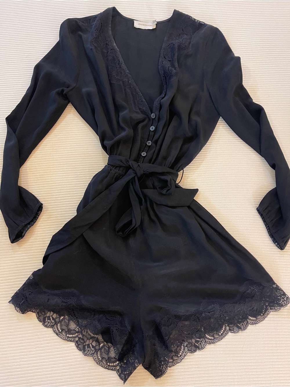 Zimmermann Lace-Trim Silk Romper with Tie Waist